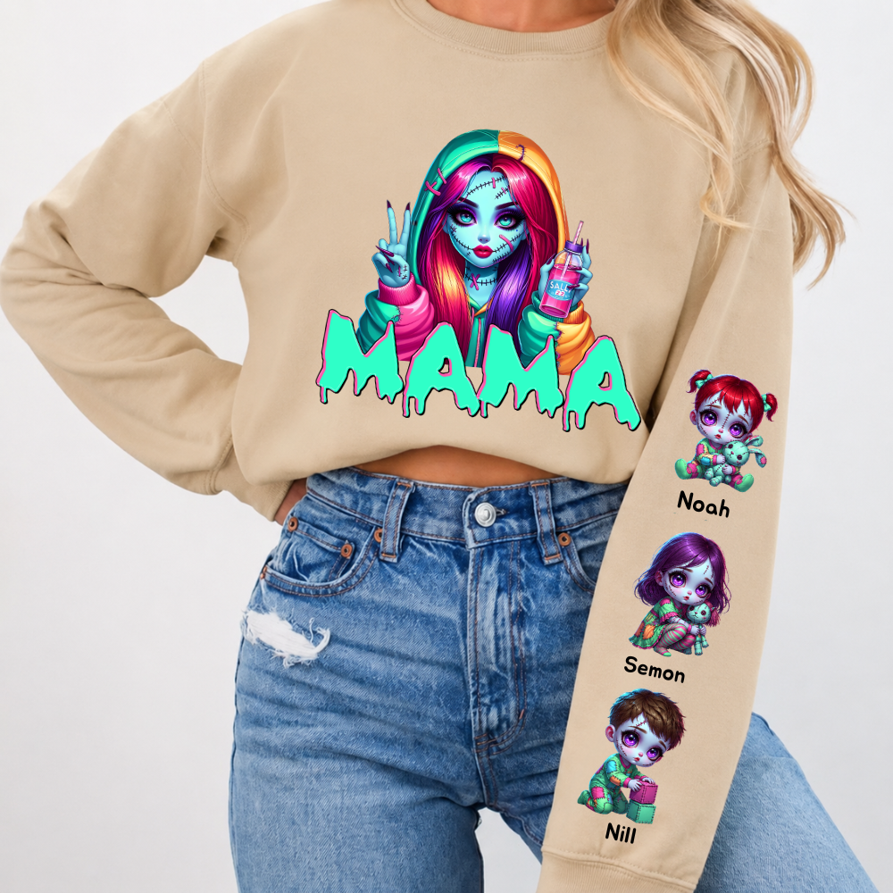 Horror MAMA Sweatshirt with Kid's Names on the Sleeve