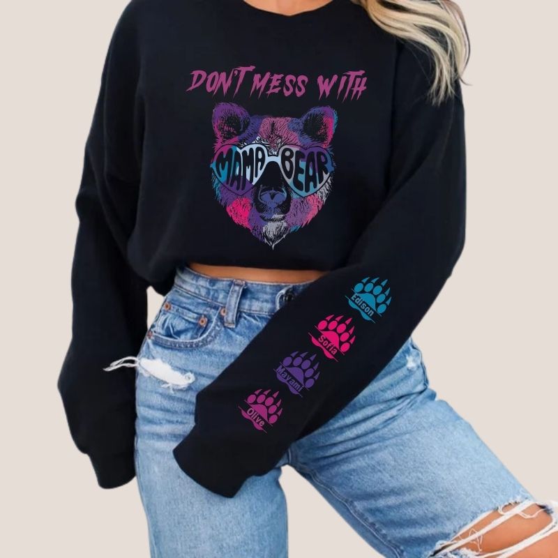 Don't Mess With Mama Bear Sweatshirt, Custom Kids' Names On The Sleeve Sweatshirt, Mama Bear Face Sunglasses Hoodie
