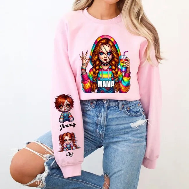 Horror MAMA Sweatshirt with Kid's Names on the Sleeve