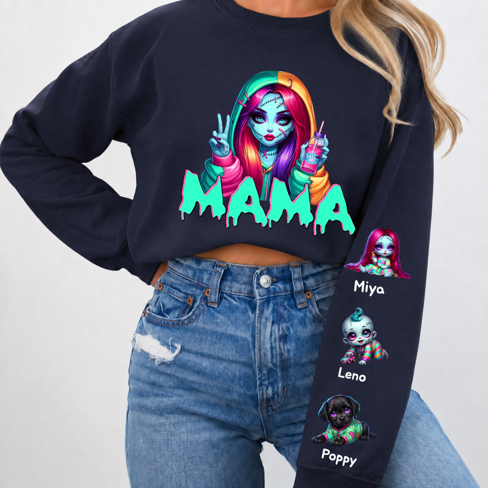 Horror MAMA Sweatshirt with Kid's Names on the Sleeve