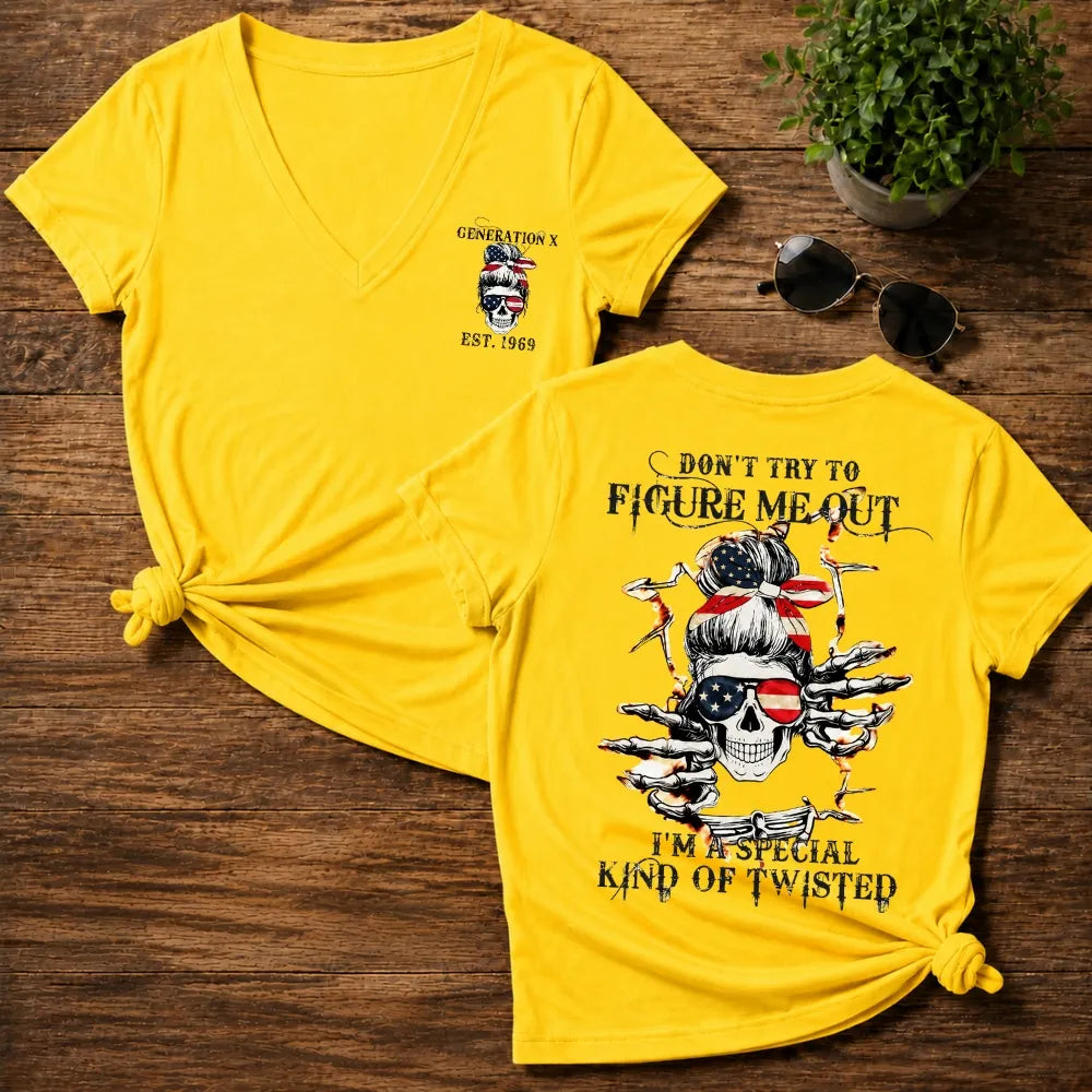 Generation X Don't Try to Figure Me Out Skull Woman V-neck T-shirt