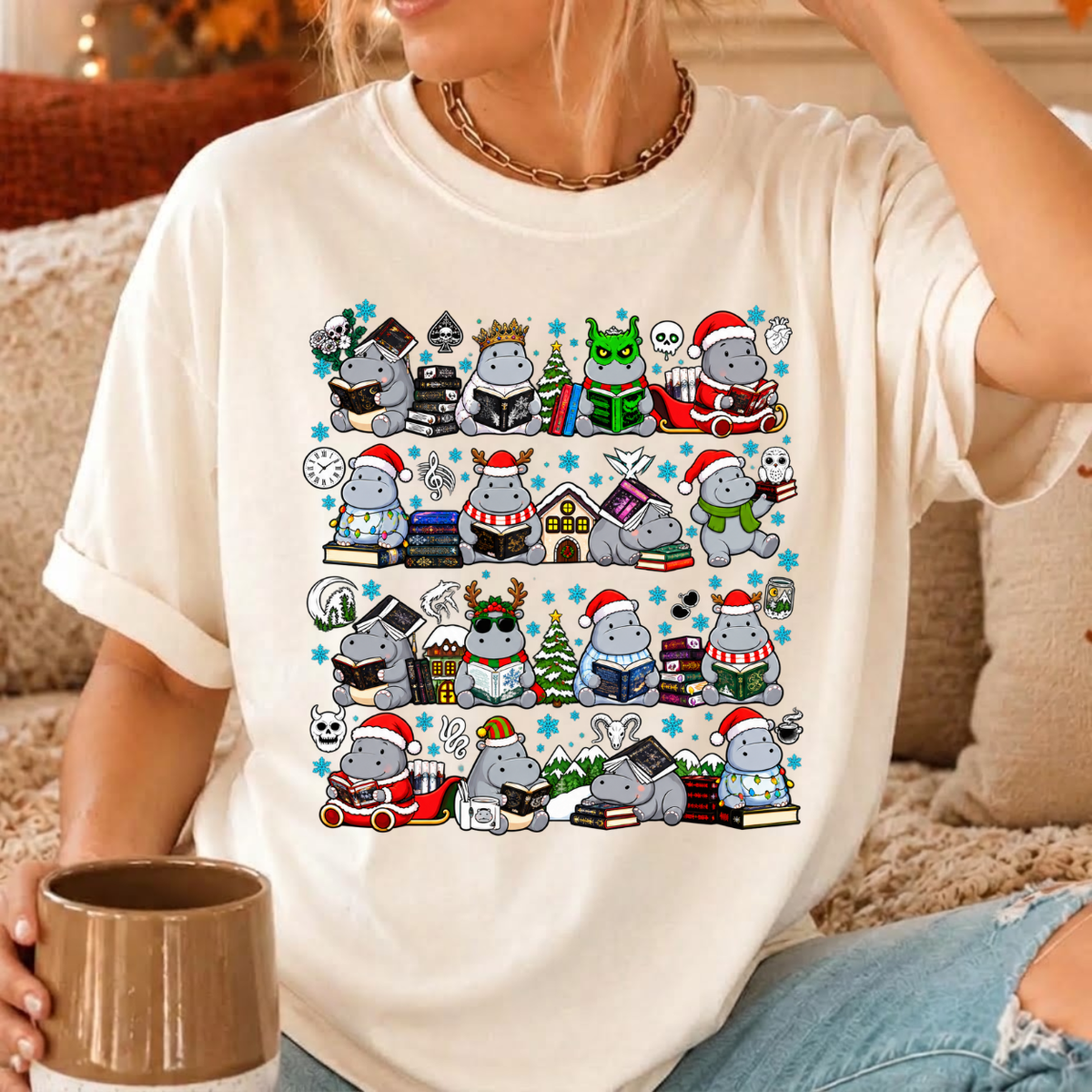 Cute Book Lover Gift Christmas Hippo Reading Books Shirts