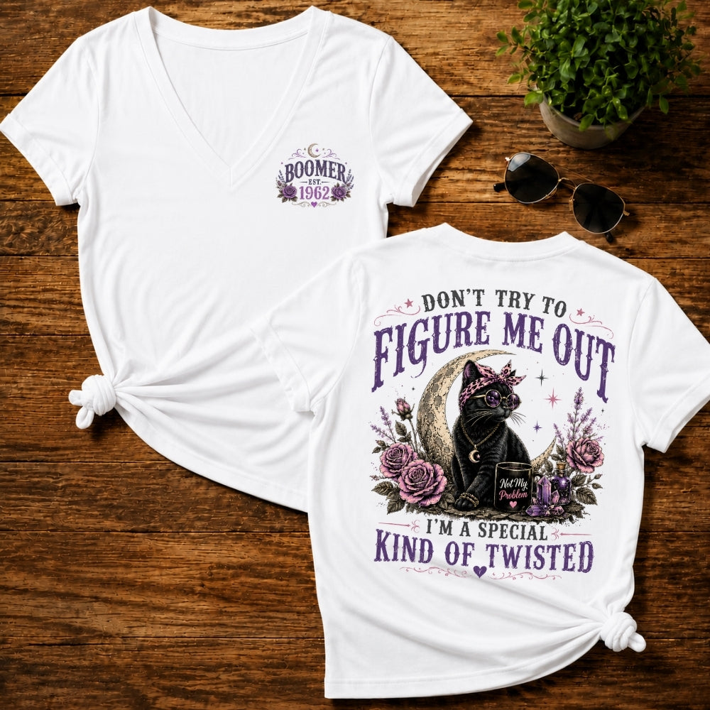 Don’t Try To Figure Me Out Cat Shirt, Boomer,Gen Jones Custom Year Women's V-neck, T-shirt