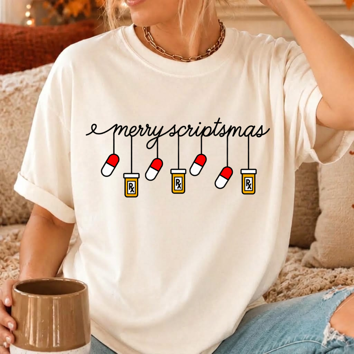 Merry Scriptmas Pharmacist Christmas Shirts – Funny Pills & Rx Bottle Graphic