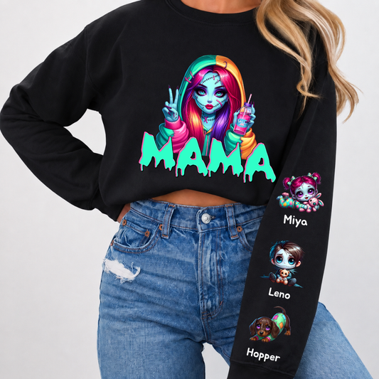 Horror MAMA Sweatshirt with Kid's Names on the Sleeve