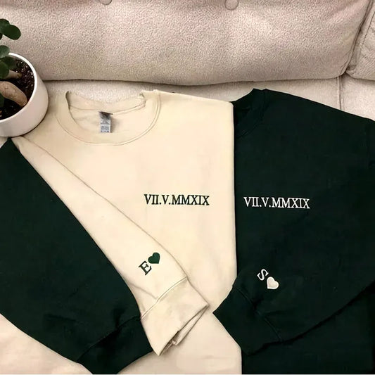 Custom Roman Numeral Embroidered Matching Sweatshirt, Personalized Couples Gifts