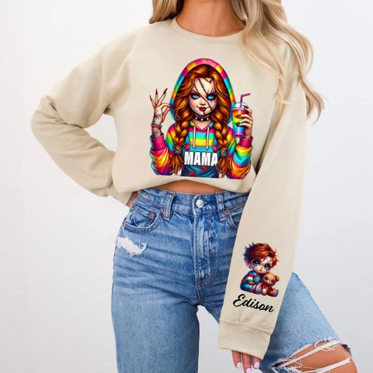 Horror MAMA Sweatshirt with Kid's Names on the Sleeve