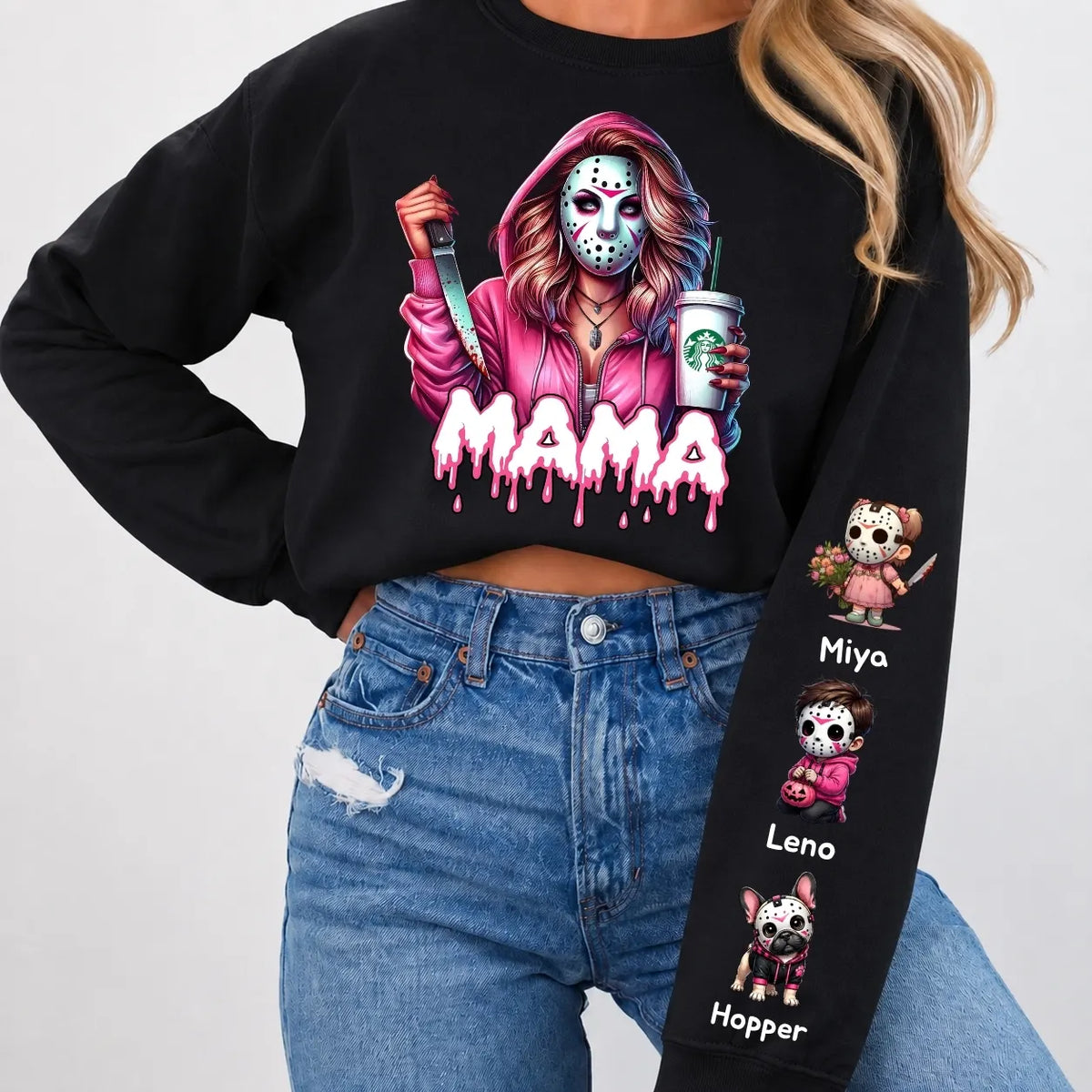 Horror MAMA Sweatshirt with Kid's Names on the Sleeve