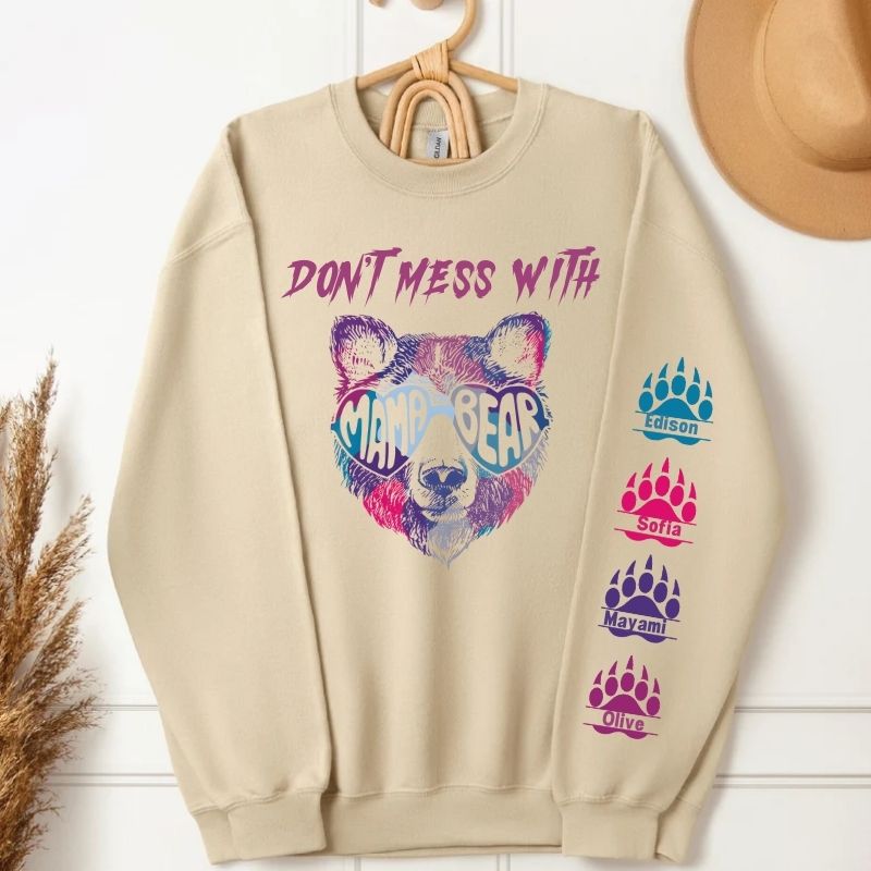 Don't Mess With Mama Bear Sweatshirt, Custom Kids' Names On The Sleeve Sweatshirt, Mama Bear Face Sunglasses Hoodie