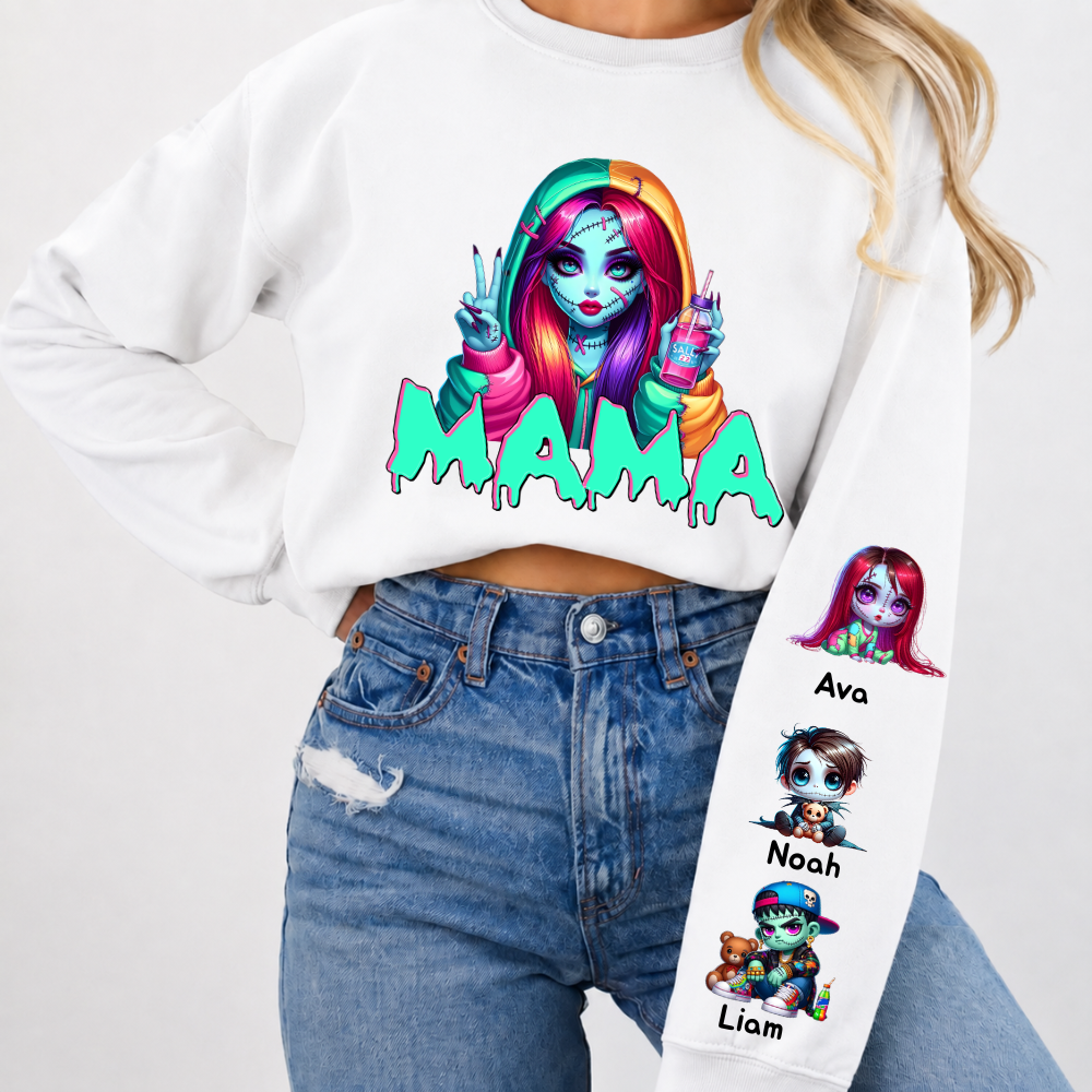 Horror MAMA Sweatshirt with Kid's Names on the Sleeve
