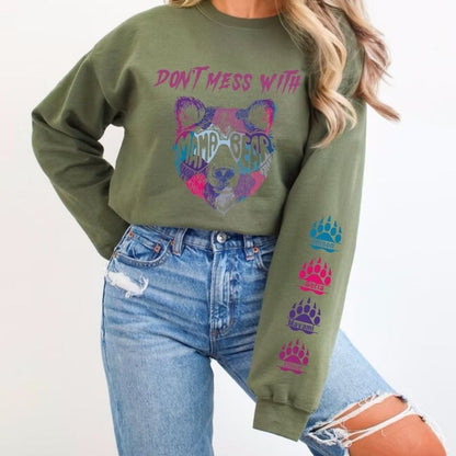 Don't Mess With Mama Bear Sweatshirt, Custom Kids' Names On The Sleeve Sweatshirt, Mama Bear Face Sunglasses Hoodie