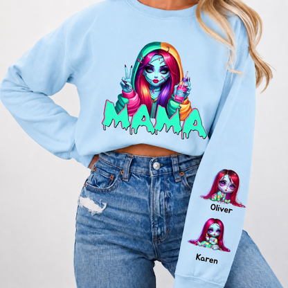 Horror MAMA Sweatshirt with Kid's Names on the Sleeve