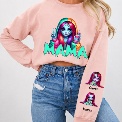Horror MAMA Sweatshirt with Kid's Names on the Sleeve