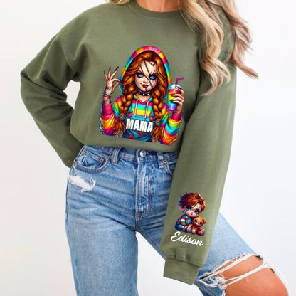 Horror MAMA Sweatshirt with Kid's Names on the Sleeve