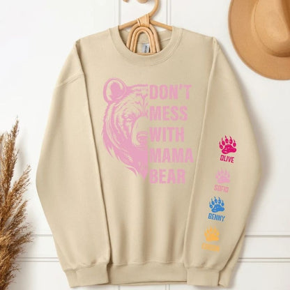 Don't Mess With Mama Bear Sweatshirt, Custom Kids Name On Sleeve Mother‘s Day Gift