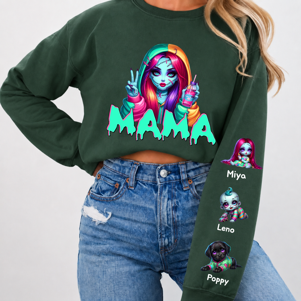 Horror MAMA Sweatshirt with Kid's Names on the Sleeve