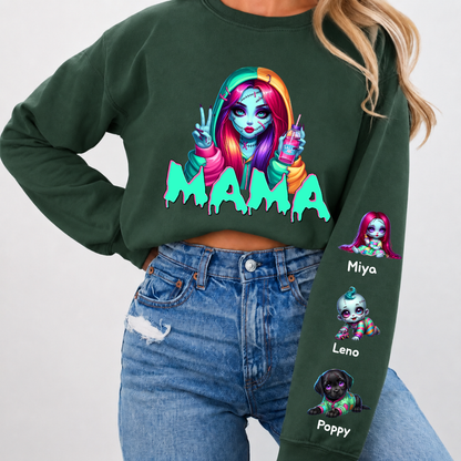 Horror MAMA Sweatshirt with Kid's Names on the Sleeve