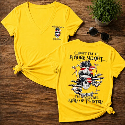 Generation X Don't Try to Figure Me Out Skull Woman V-neck T-shirt