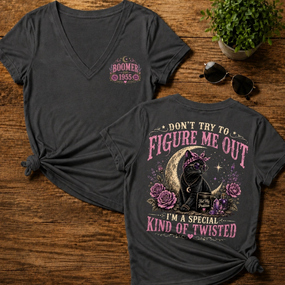 Don’t Try To Figure Me Out Cat Shirt, Boomer,Gen Jones Custom Year Women's V-neck, T-shirt