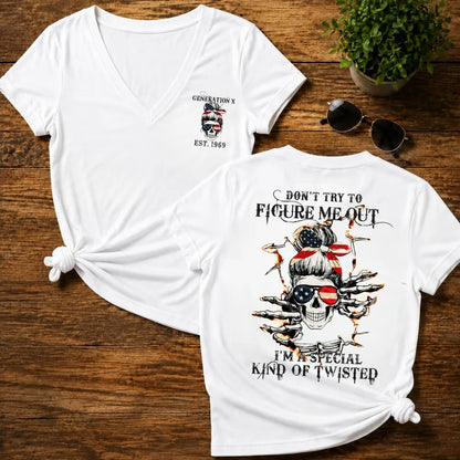 Generation X Don't Try to Figure Me Out Skull Woman V-neck T-shirt