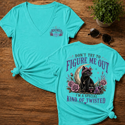 Don’t Try To Figure Me Out Cat Shirt, Boomer,Gen Jones Custom Year Women's V-neck, T-shirt
