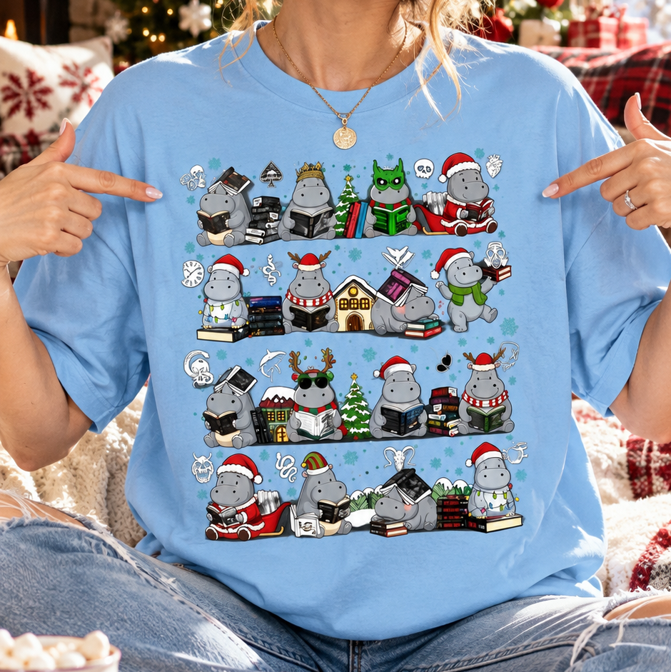 Cute Book Lover Gift Christmas Hippo Reading Books Shirts