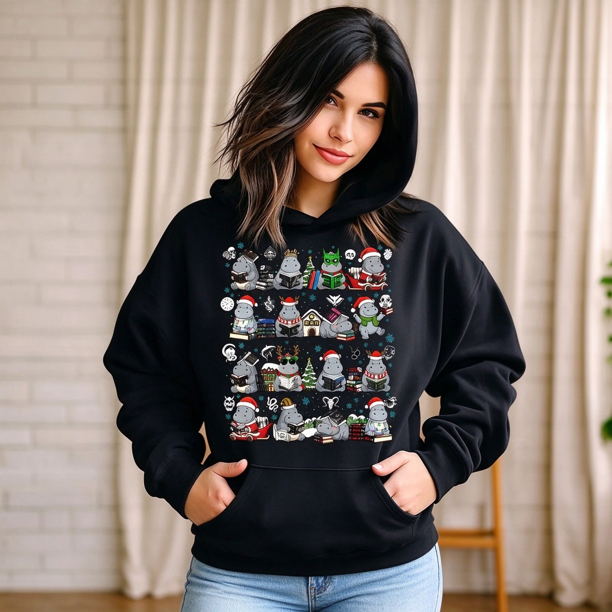 Cute Book Lover Gift Christmas Hippo Reading Books Shirts