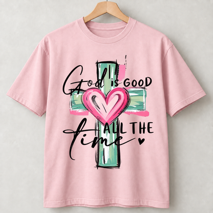 God Is Good All the Time Cross & Heart Graphic Shirts