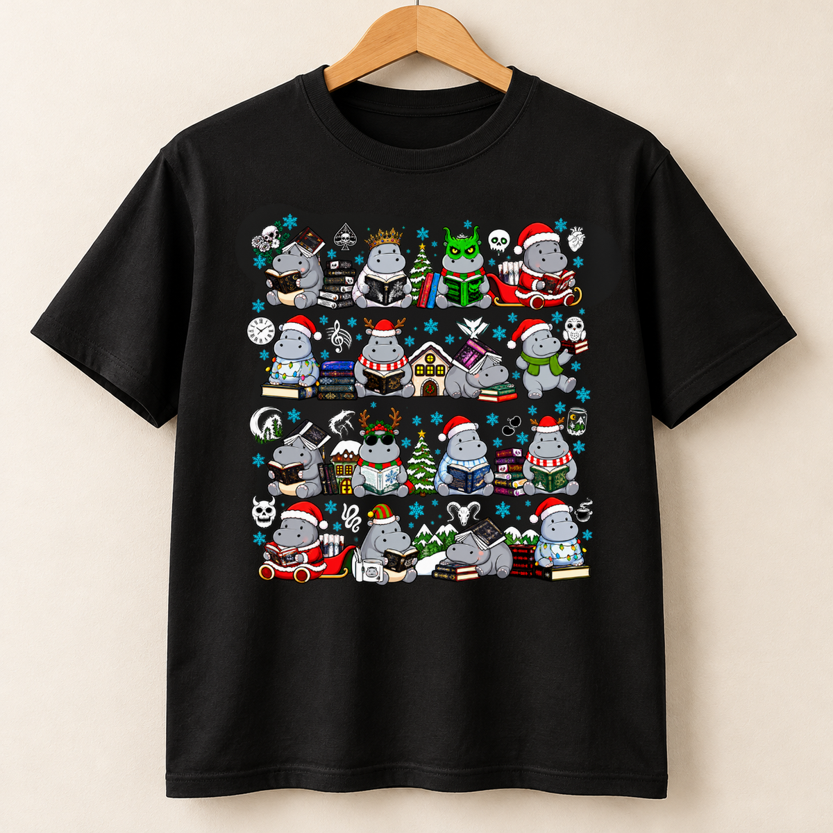 Cute Book Lover Gift Christmas Hippo Reading Books Shirts