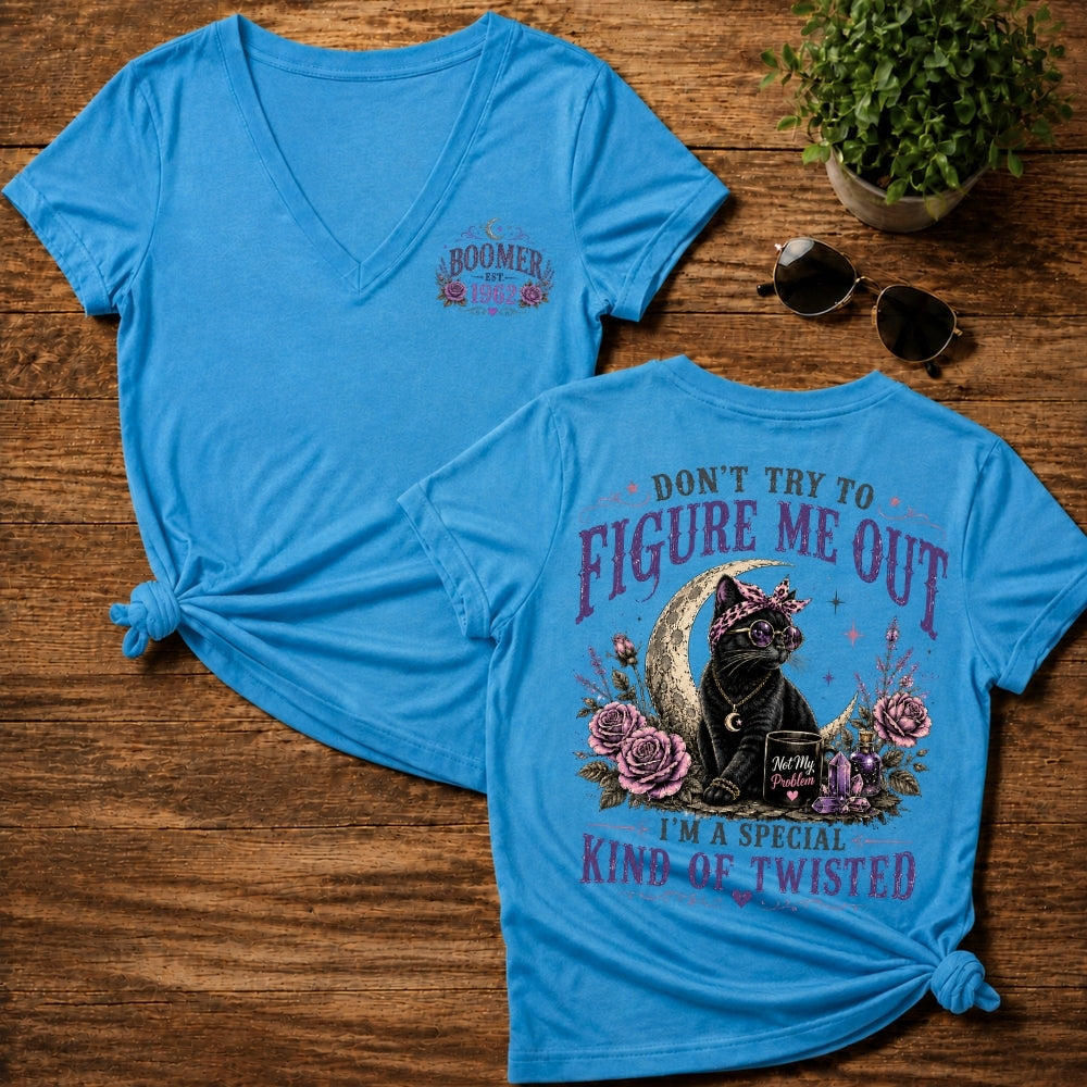 Don’t Try To Figure Me Out Cat Shirt, Boomer,Gen Jones Custom Year Women's V-neck, T-shirt